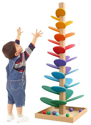 Kugelbahn Holz, 71 cm Klangbaum, 30 Regenbogen Murmelbahn mit 10 Regenbogenbällen, 6 Bunte Ebenen, Klangturm Holz, Montessori Spielzeug für Kinder ab 3 Jahren(1)