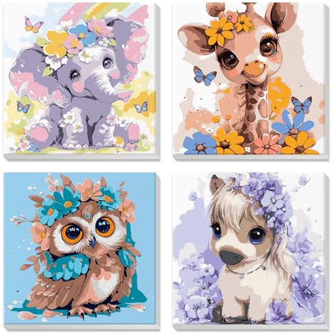 4Pcs Dipingere con i Numeri per Bambini con Cornice, Elefante carino, giraffa, gufo, cavallo sognante, Kit Pittura con Numeri Acrilico con Pennelli, Decorazione da Parete Soggiorno Camera 20X20 cm