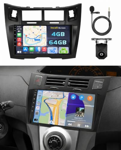 Hikity 4G+64G Android 15 Autoradio 9 pour Toyota Yaris CarPlay | Aussi pour Vitz. Wireless CarPlay. Android Auto. WiFi. FM/RDS. BT. Caméra + MIC