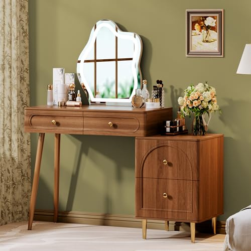 Chrangmay Modern Vanity Desk with 31.5 Mirror and Lights,Makeup Vanity Table with 8 Drawers,Makeup Desk with Power Outlet,Nightstand,Dressing Table for Bedroom,Women and Girls,Oak