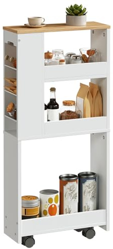 HOOBRO Carrello da Cucina a 4 Ripiani, Carrello Portaoggetti da Cucina Stretti 40 x 15 x 85,5 cm con 4 Ruote Girevoli Bloccabili, per Cucina, Bagno, Soggiorno, Bianco e Legno Naturale EWN84TC01