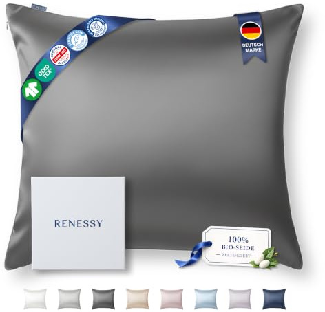 RENESSY Kissenbezug aus 100% Bio-Seide 80x80cm - 22 Momme Maulbeerseide, Güteklasse 6A, Oeko-Tex zert. in Deutschland - Luxus für Haar und Haut, 1 Stück (Graphitgrau)
