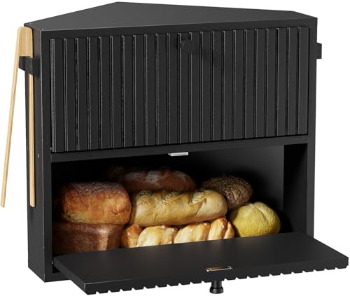 WOWLIVE Corner Bread Box for Kitchen Countertop, Large Vintage Bread Storage Container Bin for Homemade Bread, Double Layer Farmhouse Bread Holder for Kitchen, Cabinet, Pantry (Black, Medium)