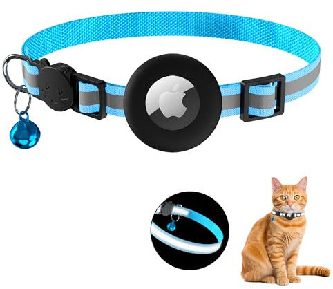 Airtag Katzenhalsband, reflektierendes Kätzchenhalsband mit Apple-Airtag-Halterung und Glocke für Mädchen, Jungen, Katzen, 1,1 cm breit und leicht (blaue Streifen)