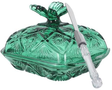 Homoyoyo Mantequera de Vidrio Vintage con Tapa y Cuchillo Verde Bandeja Pequeña para Mantequilla Casera Soporte Compacto para Encimera y Refrigerador Recipiente Hermético para Cocina