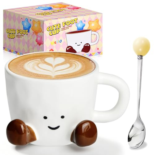 CelestiMingle Cute Coffee Mug with Feet, Funny Ceramic Tea Cup 325ml, Creative Handcrafted Coffee Mug for Office Desk, Home Decor, Novelty Gift for Women & Men (A)