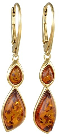 Gold Plated 925 Sterling Silver Baltic Honey Amber Lever Back Earrings for Women – Genuine Baltic Amber Drop Dangle Earrings, Elegant Lightweight Jewelry