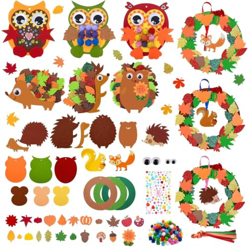 Filz Herbst Basteln für Kinder, 9 Stück Bastelset Herbst DIY mit Eule Igel Kränzen, Kreativset Herbstdeko Basteln ab 3 4 5 6 Jahre für Jungen Mädchen Thanksgiving Deko Kindergeburtstag Geschenk