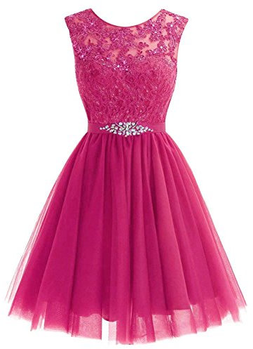 Dresses Onlie Vestido corto de noche para mujer, cuello redondo, vestido de novia, encaje, vestido de fiesta, vestido de fiesta, fucsia, 38