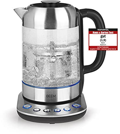 Bouilloire BEEM TEATIME II avec réglage de la température - 1,7 L | Filtre à thé en acier inoxydable inclus | Eclairage LED | Verre et acier inoxydable