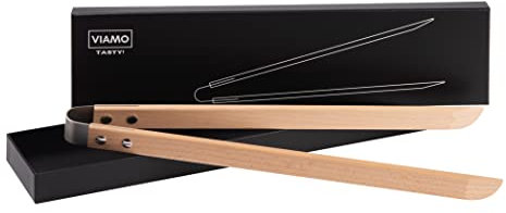 VIAMO® Premium Grillzange Holz 42 cm aus Buchenholz und Edelstahl mit Geschenkverpackung
