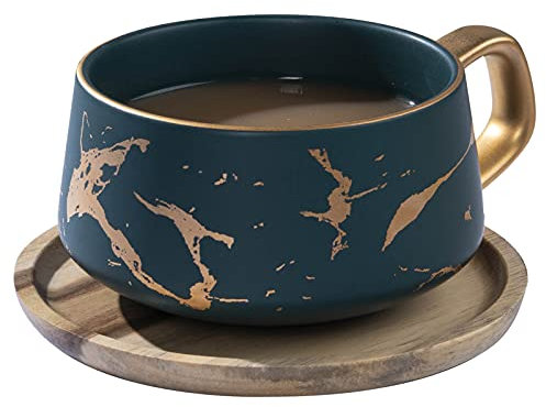 VETIN Tasses à cappuccino avec soucoupe, tasse en marbre, 300 ml, en porcelaine, pour thé, café, cappuccino, tasses à café avec disque en bois (Vert)