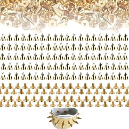 100 Stück Gold Punk Nieten Set Metall Punk Spikes Spitznieten DIY Handwerk Nieten zum Dekorieren von Lederband Taschen Schuhen Mäntel Armbänder Handschuhe Kleidung Choker 7 x 10mm