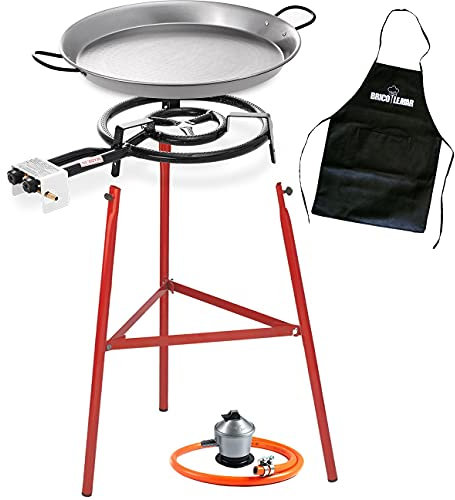 Bricolemar Set Paellero 400mm + Kit (Paellera 46cm + Patas Reforzadas + Regulador de Gas + Manguera Homologada + Delantal Negro de Regalo)