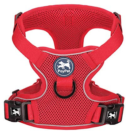 PoyPet Reflektierendes, weiches, atmungsaktives Hundegeschirr aus Mesh, erstickungsfreie, doppelt gepolsterte Weste mit verstellbarem Hals und Brust(Rot,M)