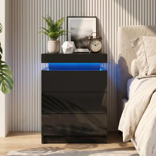 TUKAILAi Black Bedside Table with LED Lights, High Gloss 3 Drawers and Top Storage Bedside Cabinet Nightstand Chest of Drawers for Bedroom Living Room