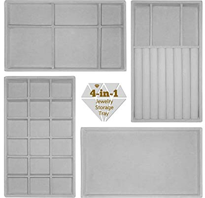 LucyStudio Vassoi per Gioielli Organizer in Velluto 4 in 1 Vassoi portaoggetti Impilabili Grigio Organizzatore per Cassetti per Bracciali Orecchini Bracciali Anelli Espositore