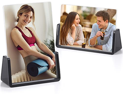 AMEITECH 5x7 Acrylic Picture Frames 2 Pack, Frameless Photo Frame with Translucent Black Acrylic Base Stand for Tabletop or Desktop Horizontal and Vertical Display