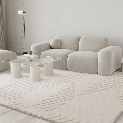 Lord of Rugs Elara Hand Made Wool Rug for Bedroom Dining Living Room Geometric Lines Tufted Modern Classic Soft Luxury Rug Ivory 160x230 cm (5'3x7'7) Large