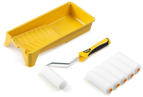 Voomey 10,2 cm Schaumstoff-Farbroller-Set, 8 Stück 10,2 cm Mini-Farbroller, kleiner Rollenpinsel, kleiner Farbroller mit Tablett, Rahmen, zum Malen von flachen Wänden, Schränken, Türen