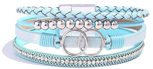 P Ammy Fashion Women's Multi-layered PU Leather Bracelet Boho Cuff Bohemian Beaded Bracelets with Magnetic Clasp (Sky Blue)