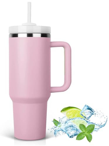 JFABL 40 oz Thermobecher mit Strohhalm und Henkel, Doppelwandiger Edelstahl Vakuum Kaffeebecher mit Deckel, Autobecher Tumbler Isolierbecher mit Griff für Heißer und Kalter Getränke,1182 ml (Lilac)