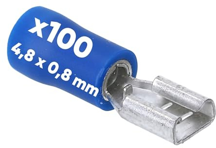 Kalitec 100x Flachsteckhülsen Blau 4,8x0,8 mm Steckverbinder 1,5-2,5mm² | Teilisolierte Kabelverbinder aus Messing mit PVC Kragen, AWG 16-14, Flachstecker für Kfz, Industrie & Schaltschrankbau