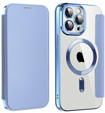 Bakicey Hülle für iPhone 15 Pro Max Klapphülle Kompatibel mit mag-Safe Kartenfach PU Leder Anti-Kratzer Handyhülle mit RFID-Sperre Schutzhülle Transparent Flip Case Cover für iPhone 15 Pro Max, Blaue