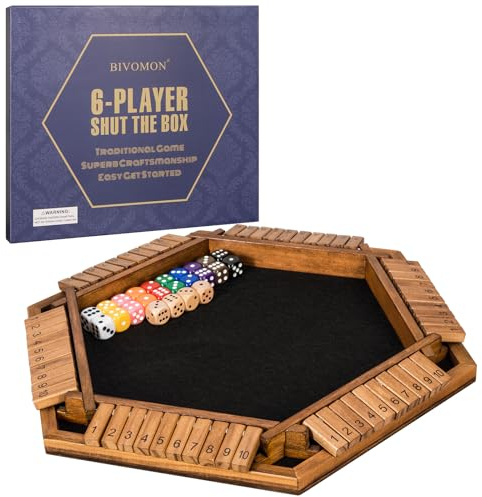 BIVOMON 1-6 Players Shut The Box Dice Game, Wooden Board Table Math Game for Kids Adult with 24 Dice, Close The Box Game for Family, Party, Christmas, Birthday
