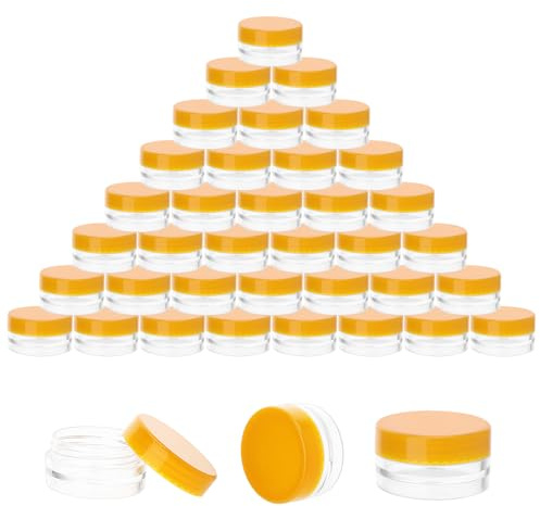 JOIKIT Lot de 200 pots d'échantillons de 3 ml, petits pots en plastique transparent de 3 g avec couvercles oranges, petit conteneur plastique, mini pots d'échantillons de voyage ronds clairs vides