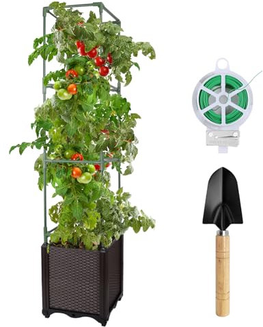 Huvai 1 paquete de macetas de tomate con enrejado, maceta de tomate de 53 pulgadas con lazos para plantas de 65.6 pies y 1 herramienta de jardín de pala, maceta de tomate de riego automático con