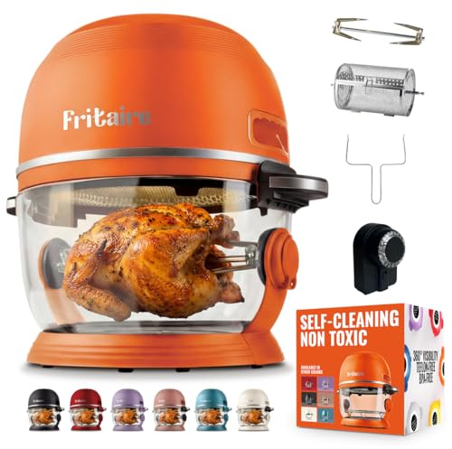 Fritaire Non Toxic Air Fryer™ - BPA Free,Teflon Free, 4.7 Litre w/ 360 Visibility, Self-Cleaning Glass Bowl, Vortex Air Fryer for Even Cooking, Rotisserie, Roast, Bake,Orange