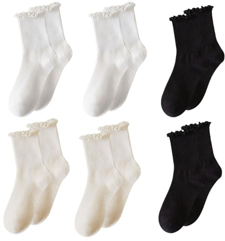 UILYNIU 6 Paires Noir Beige Blanc Chaussettes à Volants Chaussettes Dentelle Femme Chaussettes de Cheville Chaussettes de Ballet Chaussettes Tricotées chaussettes Femme Filles (6 Paires)