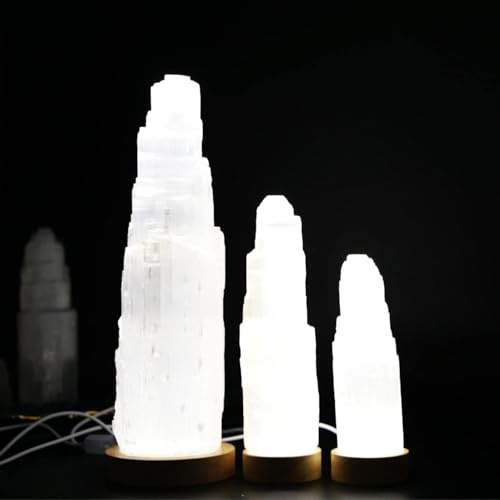 LANDSTER Selenit USB Lampe Selenit Tischlampe LED Weißlicht mit Holzsockel Ladeturm Selenit kristall nachttischlampe Edelstein lampe Reinigung Dekoration home decor (30 CM)
