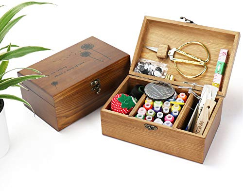 RoseFlower Holz Nähkorb mit Nähset Zubehör, Nähkästchen, Grundlegendes Nähset, Nähzubehör und Zubehör, Nähreparatursets, Handnähset mit Nadel, Nadelkissen, Knopf für Reisen, Camping, Heimwerken#004