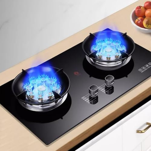 Cuisiniere Gaz Double 5,2 KW - Verre Trempé Poele A Gaz, Cuisinières à gaz table et encastrées, cuisinière à gaz avec rappel visuel anti-brûlure, cuisinière à gaz Couvercle feu amovible(NG)