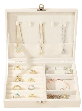 Nideen Schmuck Aufbewahrungbox Samt Ring Aufbewahrung Organiser, 20× 15× 4,5 cm Schmuckaufbewahrung Klein Schmuckkästchen für Ring, Ohrring, Halskette(Beige)