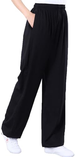 Men Women Tai Chi Pants Soft Cotton Linen Kung Fu Pant with Pockets Martial Arts Yoga Casual Trousers (White, L)