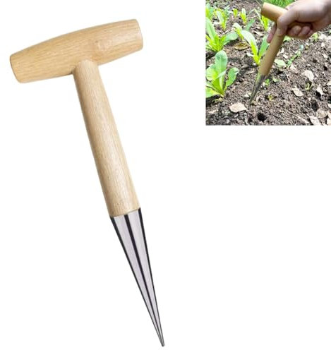 BOBOZHONG Blumenzwiebel pflanzholz Werkzeuge, Traditionelle Gartengeräte, Pikierstab für die Hand, Edelstahl-Pflanzholz mit Holzgriff, Zwiebelpflanzer, für das Pflanzen von Saatgut, 28cm