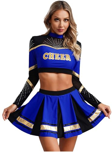 iEFiEL Damen Cheer Leader Kostüm Cheerleading Uniform Langarm Crop Top Bauchfrei Oberteile Und Minirock Metallic Faltenrock Blau L