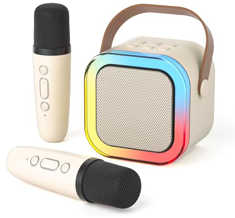 DRSYXCS Karaoke Machine for Kids Adults, Mini Bluetooth Speaker with 2 Wireless Microphones, Portable Singing Mic Toys Kit with Party LED Light and Voice Changer for 3-12 Years Old Boys Girls(White)
