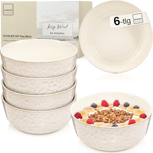 SÄNGER Key West | Steingut Müslischalen Bowl Schüssel 6 teilig, Schüssel Set 6 Personen, Schale spülmaschinen- & mikrowellenfest, Schüsseln Creme mit sandiger Maserung 550 ml | VALUE COLLECTION