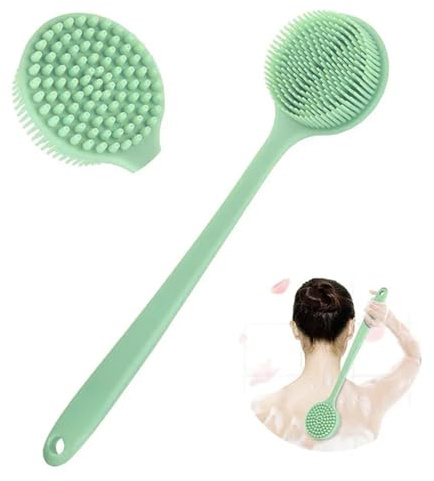 Silicone Body Scrubber with Long Handle, Double-Sided Bath Brush for Exfoliation & Massage, Lightweight Shower Back Scrubber with Non-Slip Grip (Green)