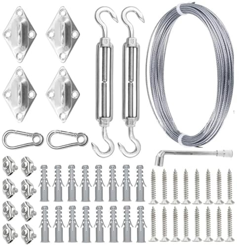 WENYOG Stahlseil Kit 50 Stück 15 m 5 mm Edelstahl-Wäscheleine-Drahtseil-Set, quadratische Spannschlossschrauben mit Viereckschnalle