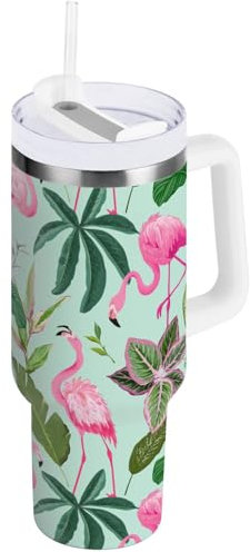 Vaso de 40 onzas con tapa con pajilla, flamenco rosa Monstera sobre verde, vaso con asa, botella de agua aislada de acero inoxidable, taza de viaje para café, 1.18 L