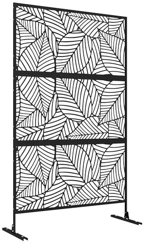 Outsunny Separé Divisorio Decorativo da Esterno con Motivi a Grandi Foglie e 2 Piedini, Paravento da Giardino Alto in Acciaio, per Balcone e Terrazzo, 122x45x198 cm, Nero