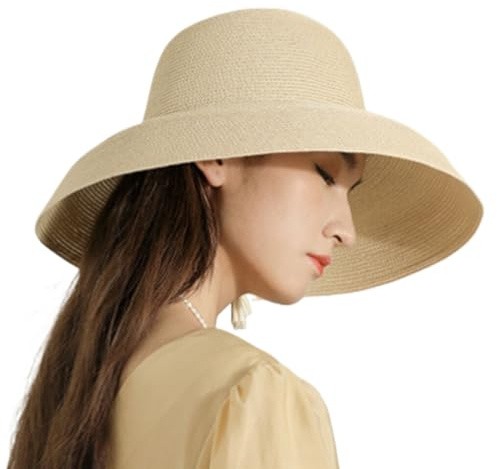 YEKEYI - Sombreros de sol para mujer, sombrero de playa de ala ancha, sombrero de paja UPF de viaje plegable para verano, sombrero UV, Beige, talla única