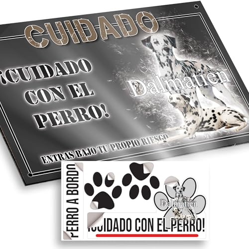 Dálmata Cartel Cuidado con el Perro 20x12,5cm - Diseño Antracita en Dibond con Pegatina Coche 20x5cm - En Español