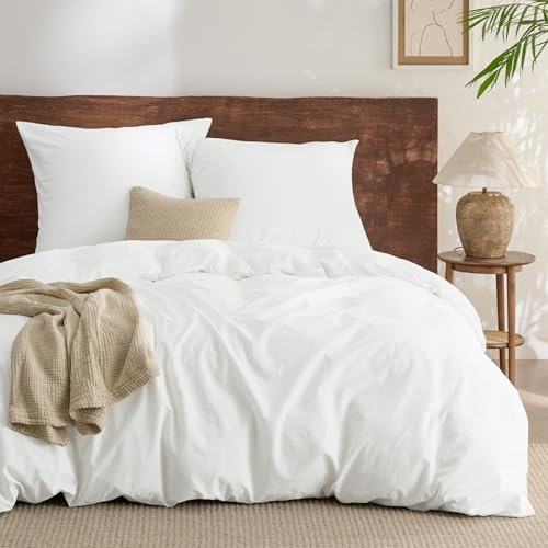 BEDSURE Bettwäsche 200x200 Baumwolle 3teilig - Weiß, 2 Kissen 80x80 cm | 100%Baumwolle Bettwäsche Set mit Reißverschluss, 1 Bettbezug+2 Kissen, Gewaschene Leinenoptik, Atmungsaktiv & Weich, Oeko-TEX