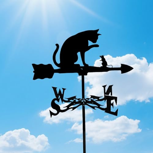 Cat Weather Vane, Whimsical Cat Weathervanes, Metal Weather Vanes Roof Mount, Cat & Rat Weathervane for The Garden, Yard, Sheds, Yard, Patio Decor, Wind Direction Indicator Outdoor Decor (Black-1pc)
